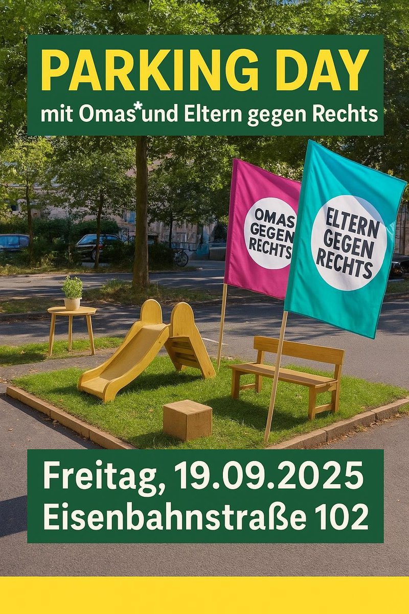 Parking Day mit Omas* und Eltern gegen Rechts Leipzig

An diesem Freitag, den 19.09.2025, ist es wieder soweit: der europaweite Parking Day findet im Rahmen der Europäischen Woche der Mobilität statt.
An diesem Tag werden Parkplätze umgestaltet, um sichtbar zu machen, wie Städte