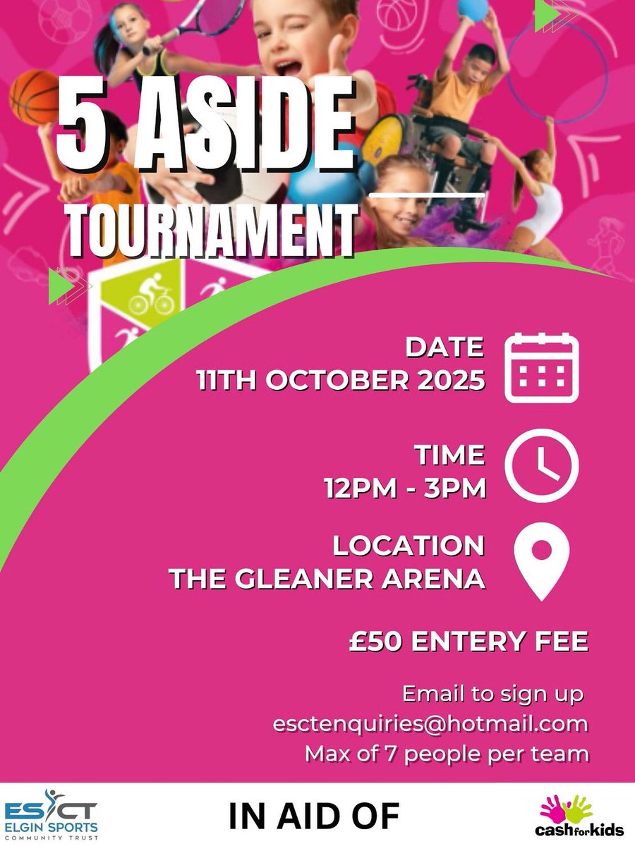 ⚽ Play football. Change lives. ⚽

Join our 5 Aside Tournament – all proceeds support Cash for Kids 🙌

📅 11th Oct 2025 | ⏰ 12–3PM
📍 The Gleaner Arena
💷 £50 per team

📩 Sign up: esctenquiries@hotmail.com

#CashForKids #5Aside #CharityMatch