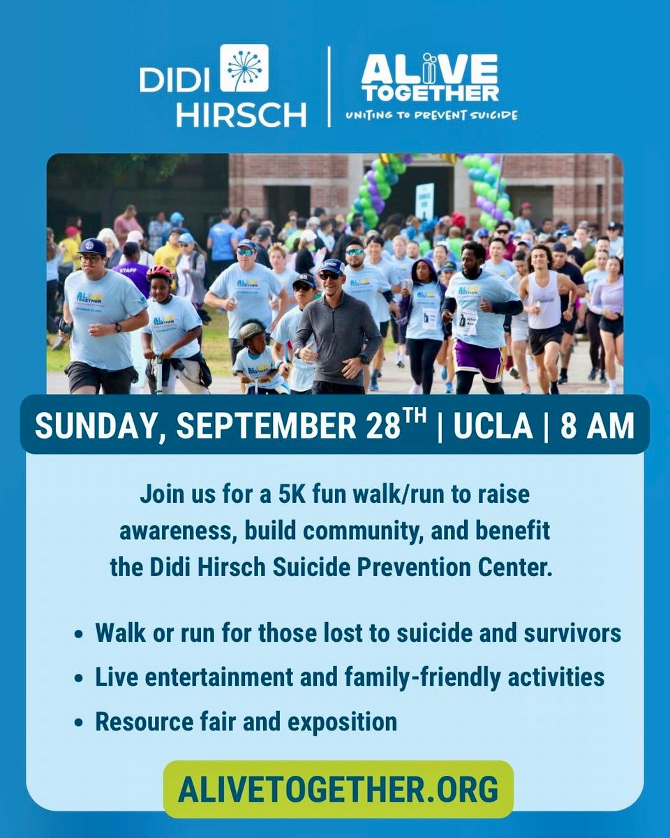 Alive Together hosted by <a href="/DidiHirsch/">Didi Hirsch MHS</a> will take place at <a href="/UCLA/">UCLA</a> and it’s an opportunity for all of us to come together in support of #suicideprevention and healing.
 <a href="/LACPApsych/">Los Angeles County Psychological Association</a> is a proud sponsor of this community event. 
bit.ly/3FMtOOq