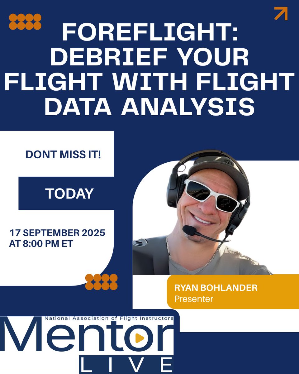 NAFIInstructors's tweet image. Happening TODAY! 8:00 PM ET!

Don’t miss MentorLIVE Ep. 96: ForeFlight: Debrief Your Flight With Flight Data Analysis with Ryan Bohlander (ForeFlight Education). 

🔗 Join: my.nafimentor.org/events-calenda…

(link in bio)
-
-
-
-
#NAFI #MentorLIVE #ForeFlight #CloudAhoy #CFI #Safety #EFB