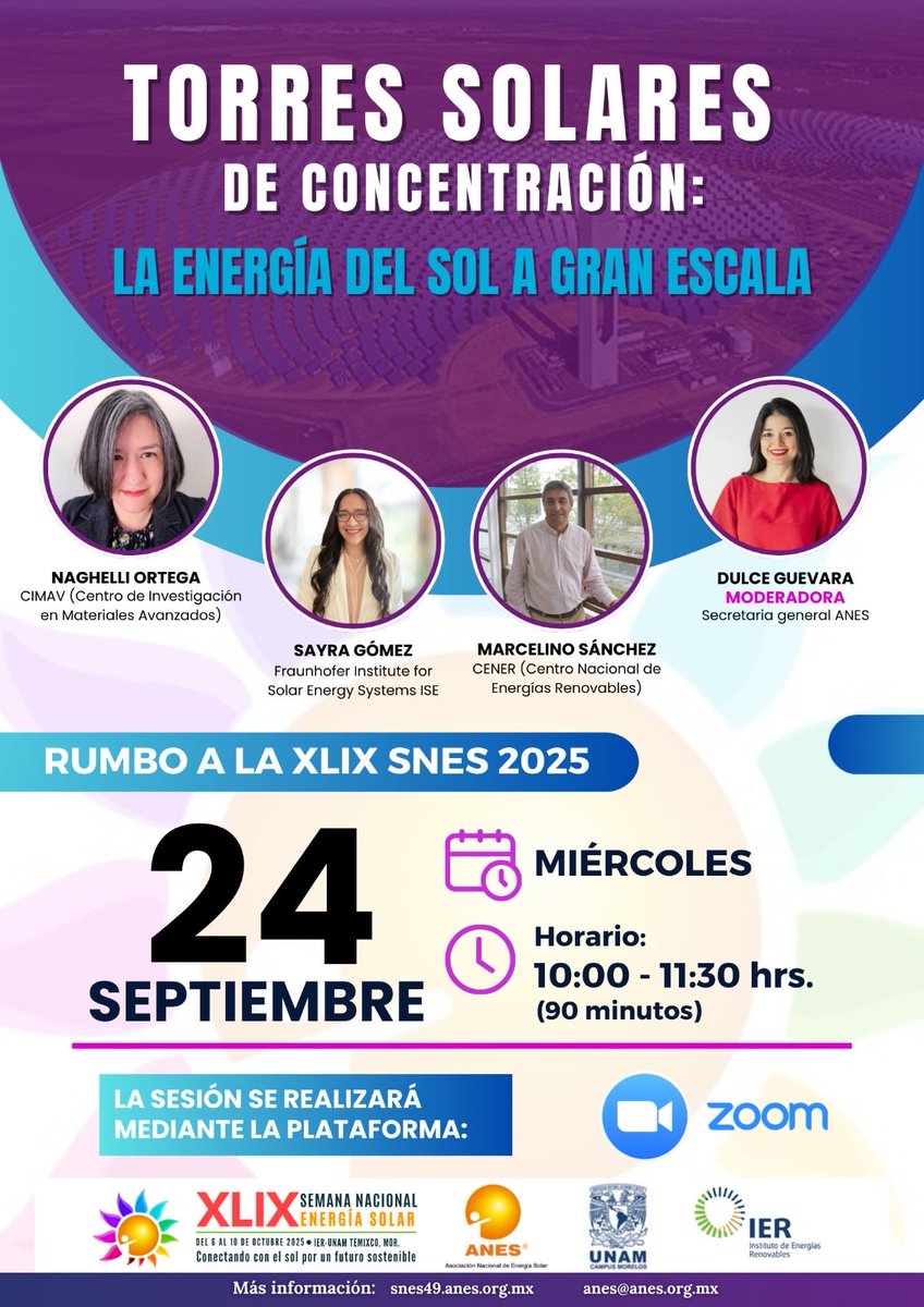 ☀️🔋 #TorresSolares de concentración: la energía del sol a gran escala
Participa en este conversatorio rumbo a la XLIX #SNES2025

📅 Miércoles 24 de septiembre
⏰ 10:00 a 11:30 h (CDMX)
📍 Vía Zoom

🔗 Regístrate aquí: bit.ly/4nuTOhH

#EnergíaSolar #SNES2025 #ANES