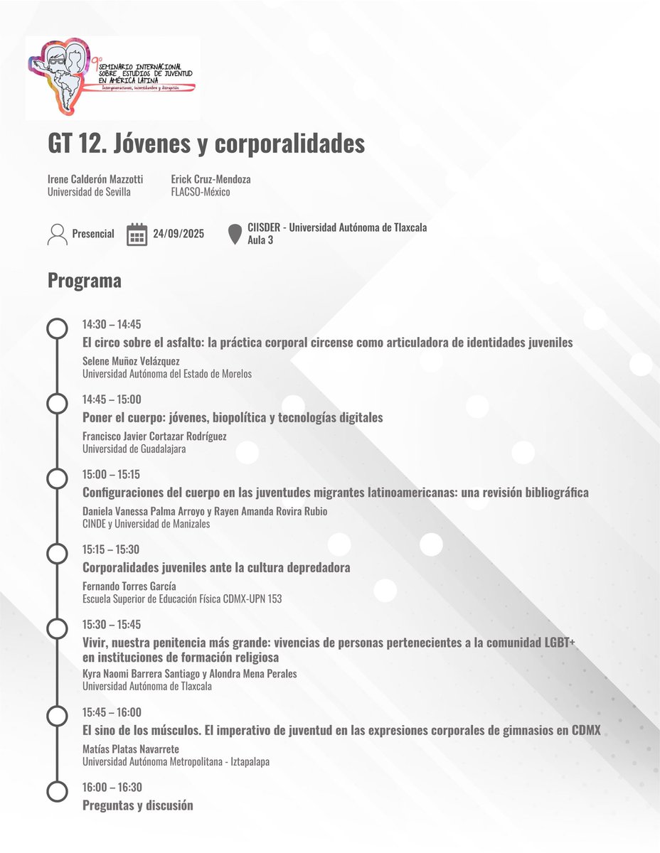 La siguiente semana estaremos <a href="/IreneMazzotti/">Irene Mazzotti</a> en <a href="/UATxOficial/">UATx</a> <a href="/ciisder_uatx/">CIISDER.UATx</a> coordinando el GT sobre #Juventudes y corporalidades. Es un #Evento gratuito con muchos paneles y conferencias. 

Programa completo: drive.google.com/drive/mobile/f…