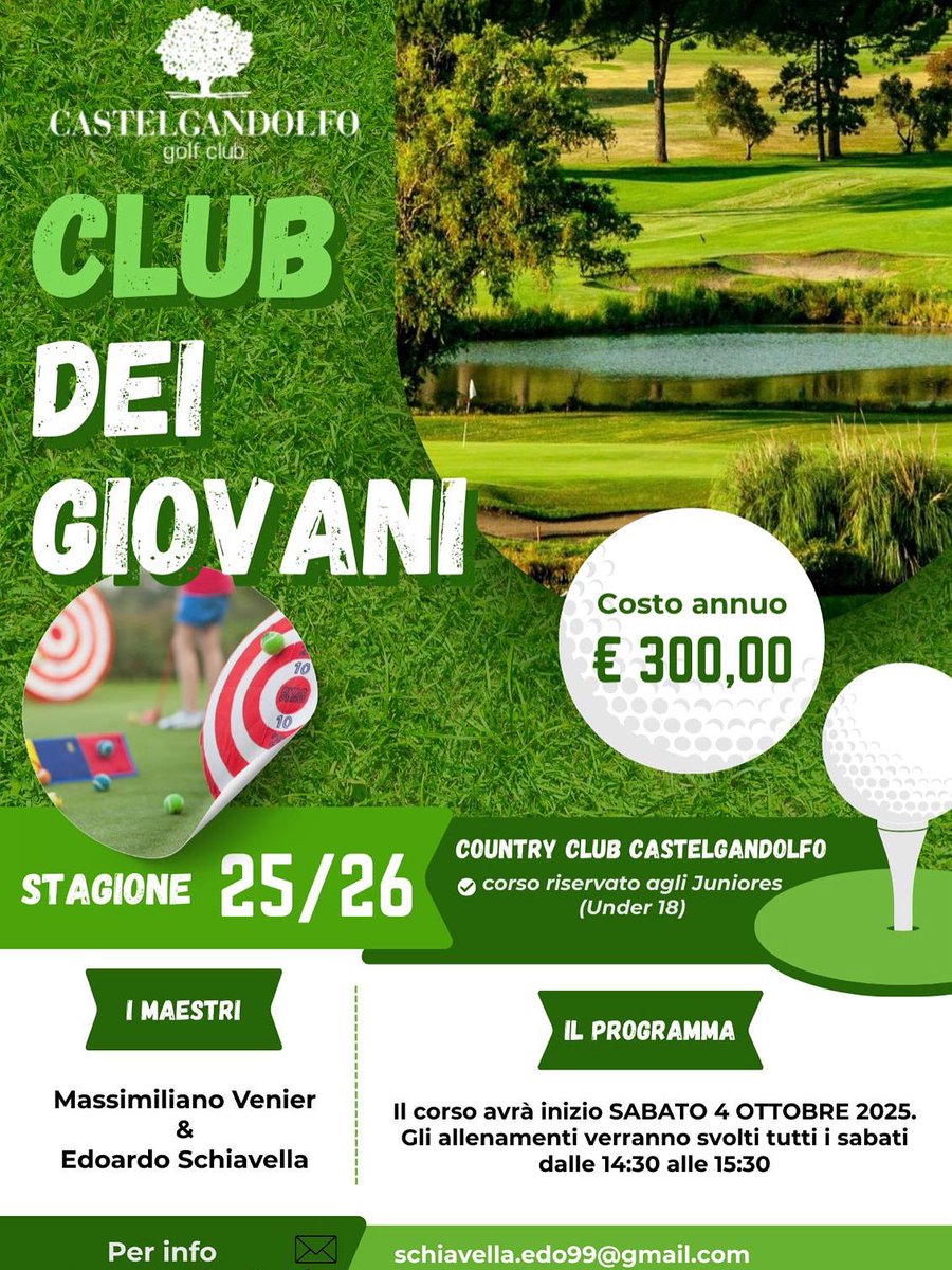 Castelgolf's tweet image. CLUB DEI GIOVANI ⛳️🏌🏻‍♂️ si parte 💪 stagione 25/26 da sabato 4 Ottobre 📅 per tutti gli under 18 dalle 14:30 con i nostri maestri Edoardo e Max 🔝 Vi aspettiamo a provare questo fantastico sport o a migliorarlo 🤩⛳️🏌🏻‍♂️