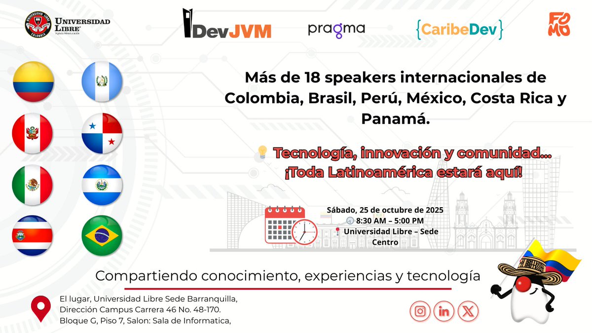 JUGBAQ's tweet image. 🌎 ¡Toda Latinoamérica en un solo lugar! 🚀
Más de 20 speakers internacionales de 🇨🇴 🇧🇷 🇵🇪 🇲🇽 🇸🇻 🇬🇹 🇵🇦 estarán en #DevJVM2025 compartiendo experiencias sobre Java, Cloud Native, IA, Arquitecturas Modernas y más.
📍 Barranquilla – Universidad Libre
📅 25 octubre 2025
🔗…