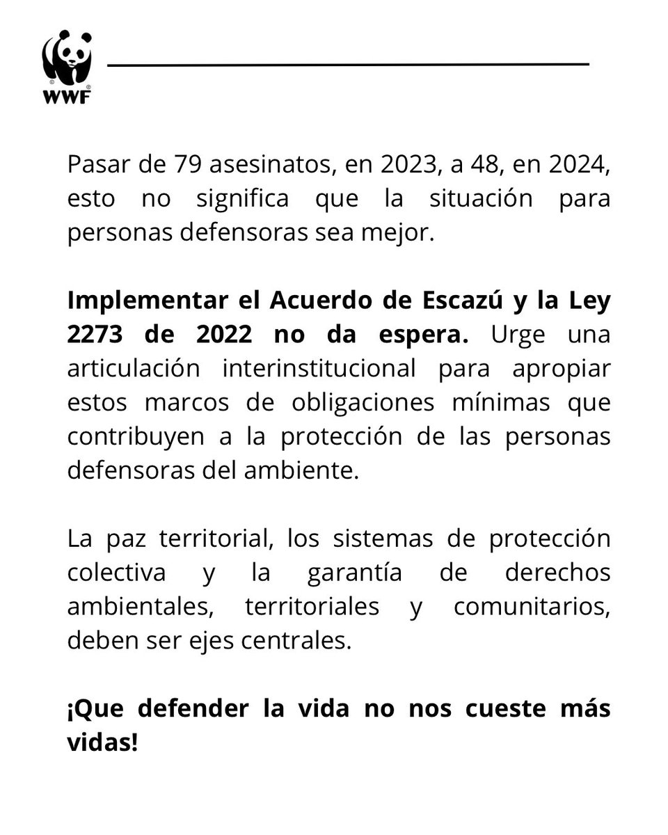📢 Colombia sigue siendo el país más peligroso del mundo para quienes defienden el ambiente.

Con 48 asesinatos o desapariciones en 2024 (según <a href="/Global_Witness/">Global Witness</a>) la deuda con las los pueblos y comunidades es inaplazable.