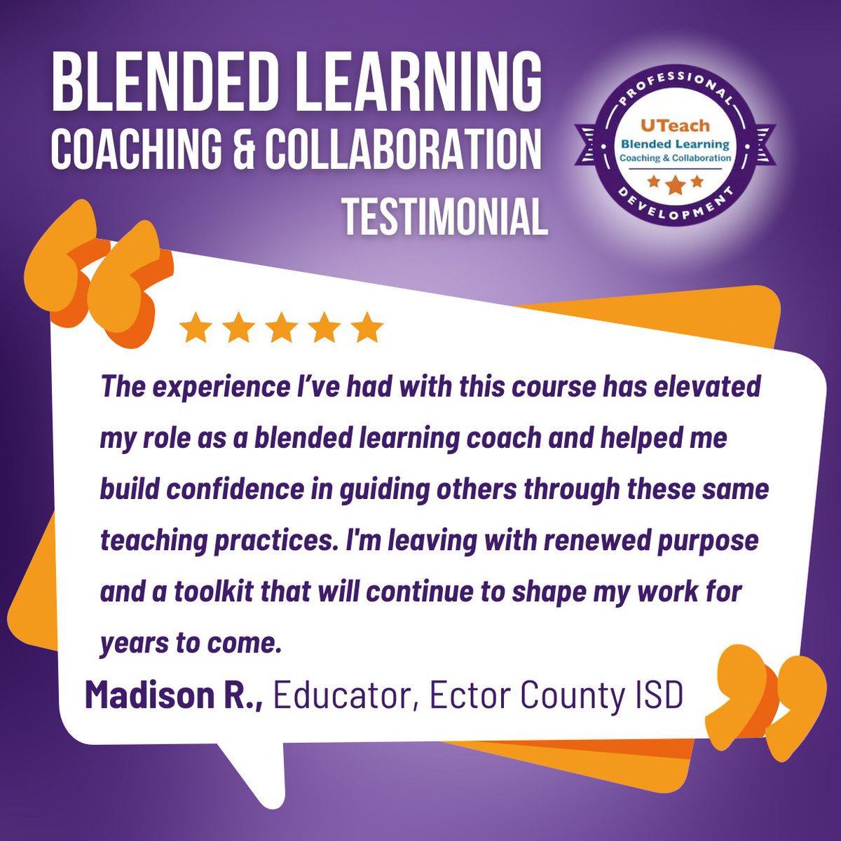 Our #UTeachPD Coaching &amp; Collab course participants are gaining tools &amp; exemplars they can use in their classrooms right now ✅✨ PLUS, they join a national network of #BlendedLearning educators 🌎 🙌

Skip the FOMO! 🔗 bit.ly/UTEACHPD_BLCC