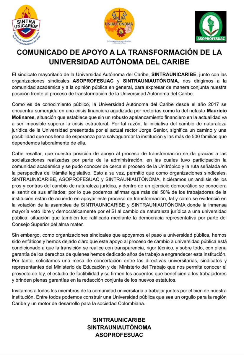 SINTRAUNICARIBE, ASOPROFESUAC y SINTRAUNIAUTÓNOMA expresan conjuntamente su apoyo al proceso de transformación de la <a href="/UAutonoma/">Universidad Autónoma del Caribe</a>