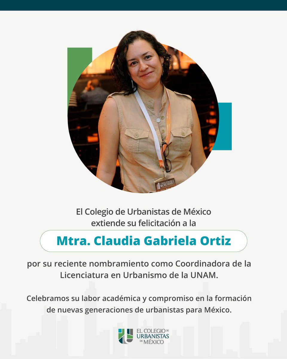 El Colegio de Urbanistas de México celebra el reciente nombramiento de la Mtra. Claudia Gabriela Ortiz Chao como Coordinadora de la Licenciatura en Urbanismo de la UNAM. Con su experiencia y visión, las nuevas generaciones de urbanistas están muy bien acompañadas #UrbanismoMx