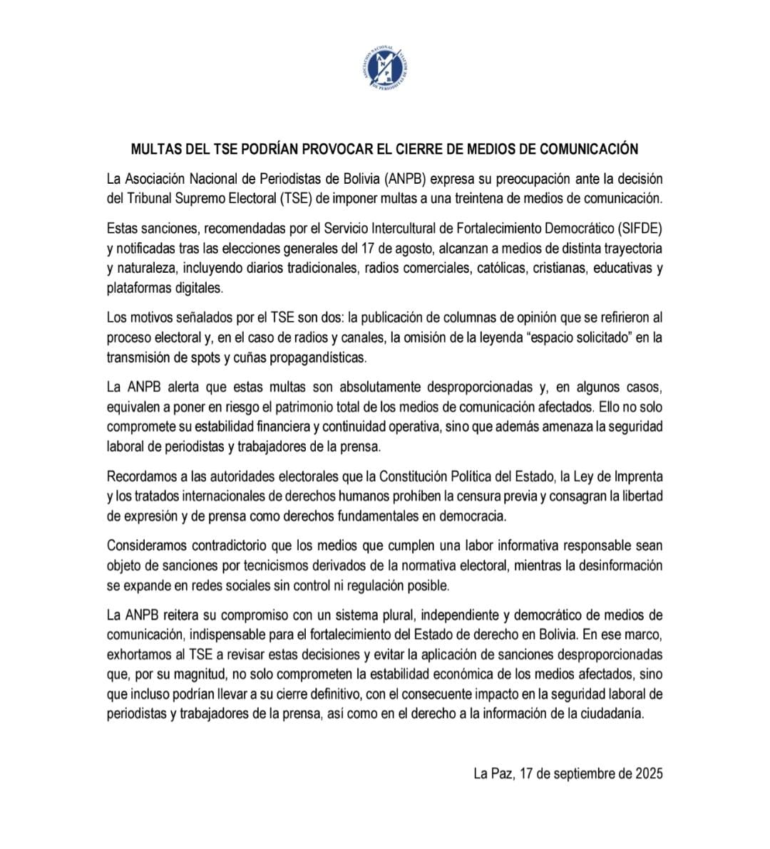 Multas del TSE podrían cerrar medios de comunicación en Bolivia. Sanciones desproporcionadas ponen en riesgo la estabilidad financiera y laboral de periodistas y trabajadores de la prensa. Exigimos revisión y sensatez. #LibertadDePrensa #Democracia <a href="/PVacaV/">Pedro Vaca V.</a>