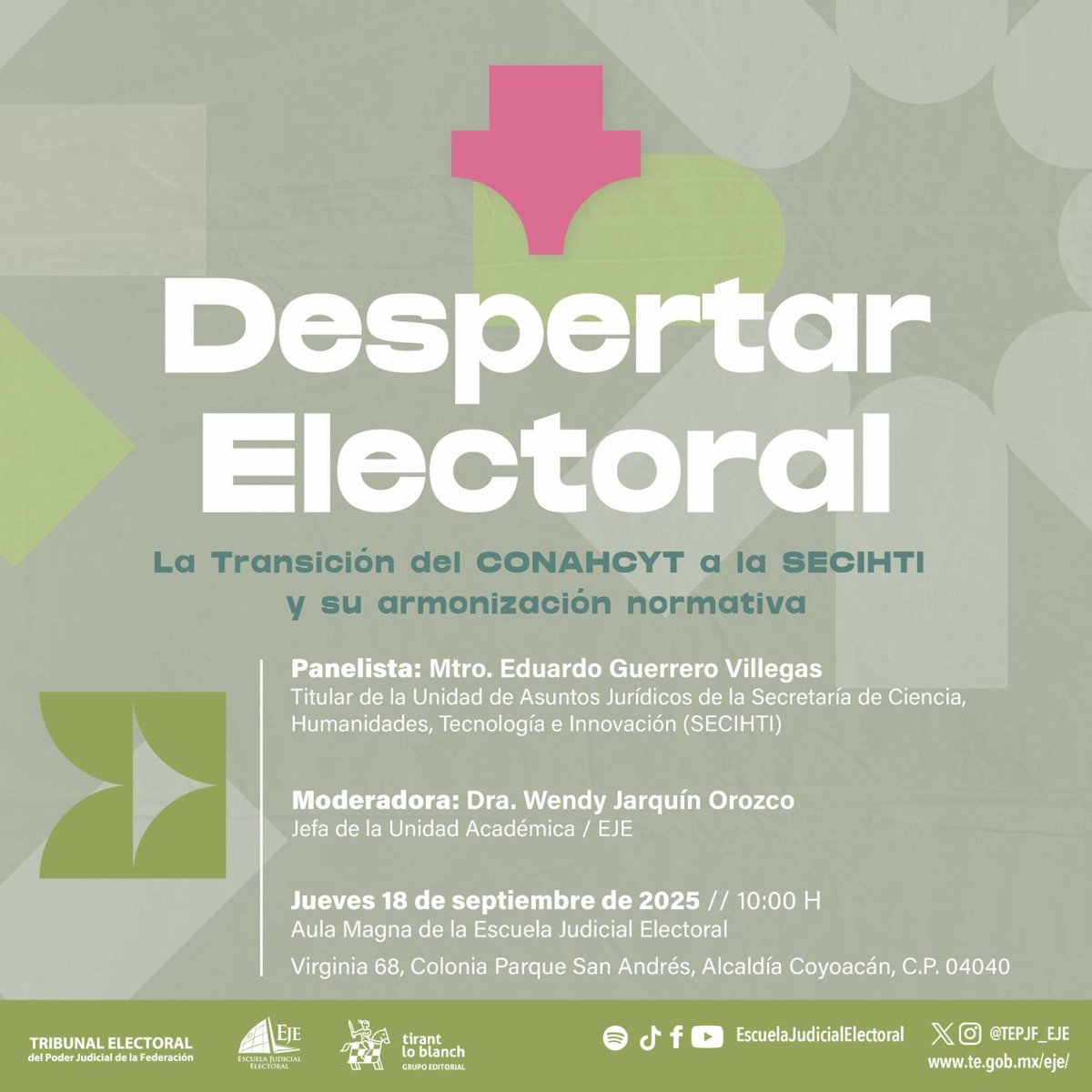 Mañana tenemos como invitado al Mtro. Eduardo Guerrero Villegas, titular de la Unidad de Asuntos Jurídicos de la <a href="/Secihti_Mx/">Secretaría de Ciencia</a> 
Acompáñanos presencialmente o síguenos a través de nuestras redes sociales 🙏