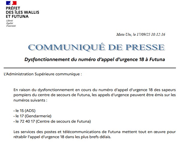 ℹ️Dysfonctionnement du numéro d’appel d’urgence 18 à Futuna ⤵️
wallis-et-futuna.gouv.fr/Actualites/Dys…