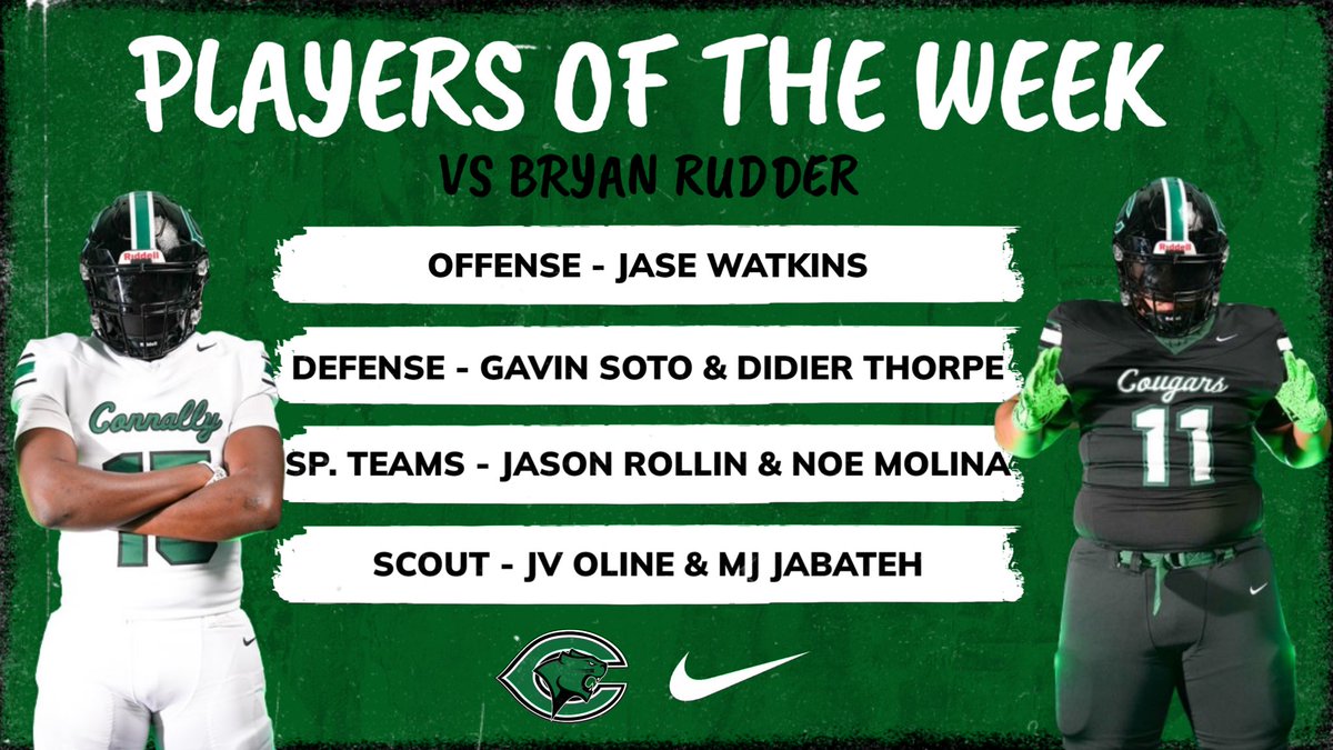 Congrats to our Players of the Week vs Rudder! #Cougarville