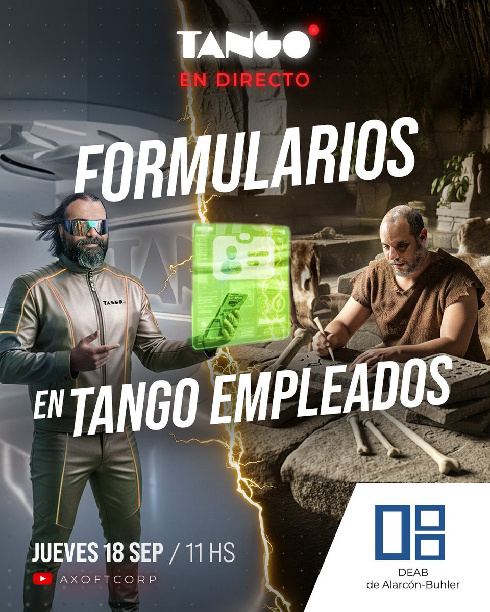 DEABTango's tweet image. #TangoEnDirecto

👉 Mañana, jueves a las 11h, no te pierdas el directo de Formularios en Tango Empleados Capital humano, donde se verá como implementar la nueva funcionalidad &quot;Formularios&quot;.

🔔Suscribite al canal.

YouTube: Acceso youtube.com/@AxoftCorp

#tangosoftware #deab