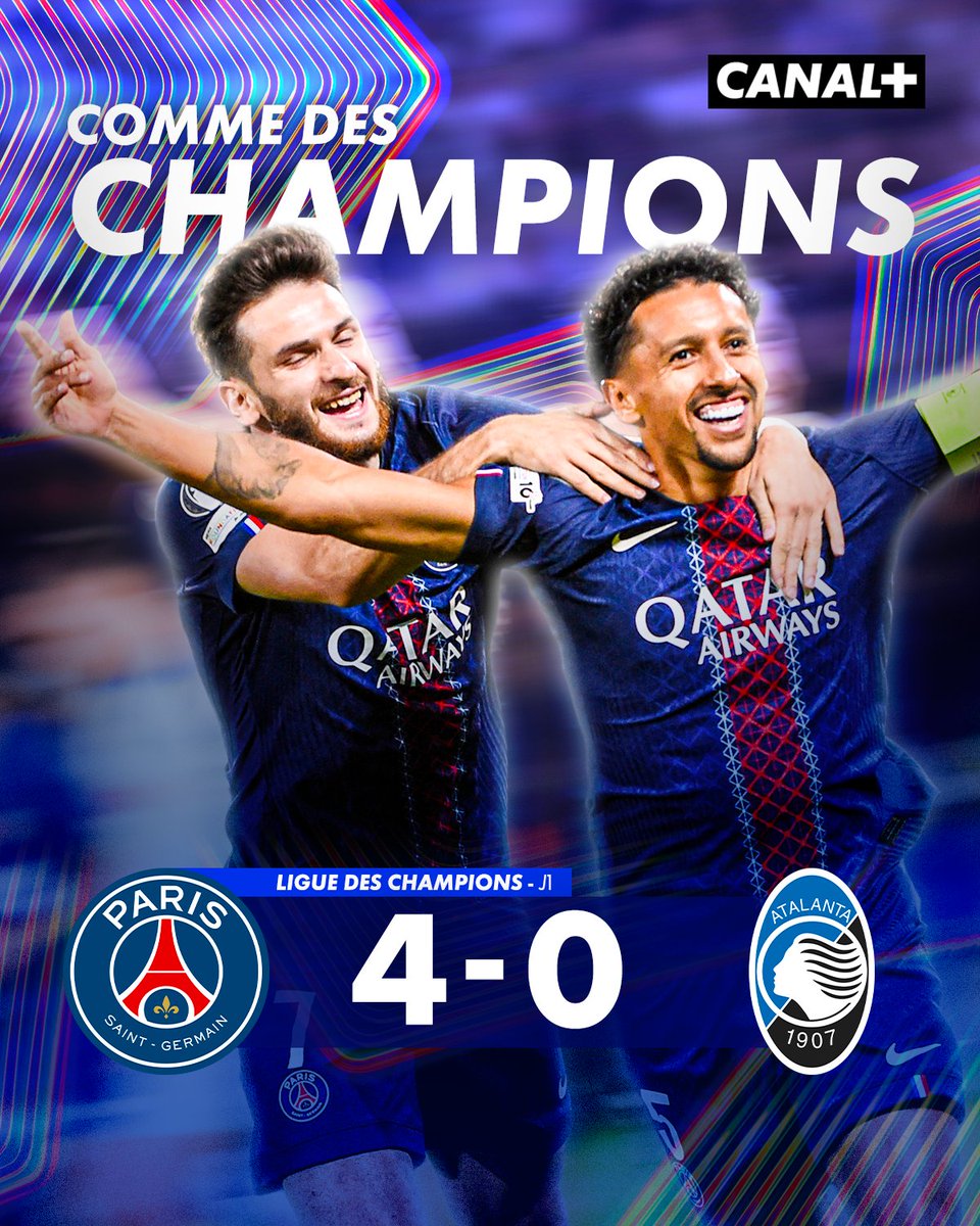CanalplusFoot's tweet image. 🏆 LE PSG SOIGNE SON ENTRÉE EN LICE EN LIGUE DES CHAMPIONS ET S'IMPOSE 4-0 FACE À L'ATALANTA 🤌

4 buteurs différents côté parisien : Marquinhos, Kvara, Mendes et Ramos 👀

#PSGATA | #UCL