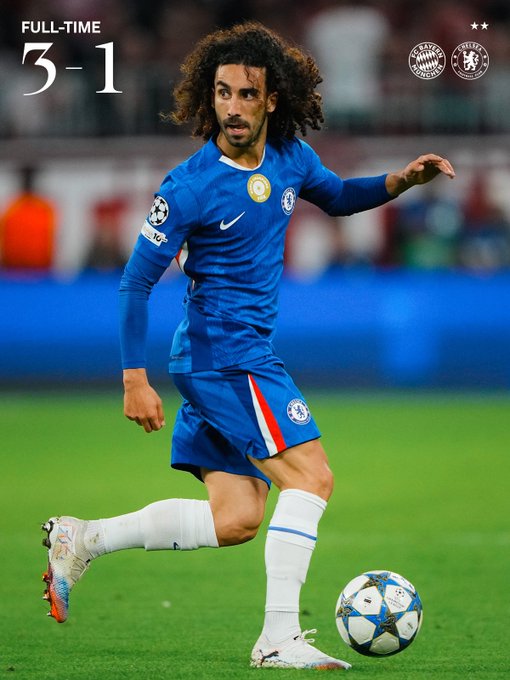 A photo of a soccer player in a blue Chelsea FC uniform with long curly hair, running on a grassy field, kicking a soccer ball. The uniform has the UEFA Champions League logo. Text overlay reads "FULL-TIME 3-1" and includes Bayern Munich and Chelsea FC logos.