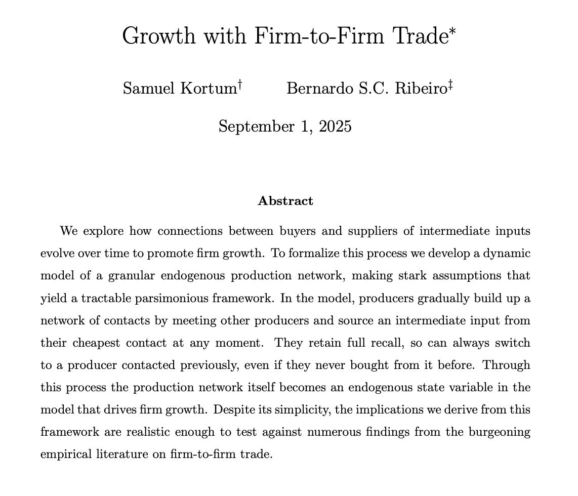 YaleCowles's tweet image. "We explore how connections between buyers and suppliers of intermediate inputs evolve over time to promote firm growth."

NEW Discussion Paper by Samuel Kortum &amp;amp; Bernardo Ribeiro: cowles.yale.edu/research/cfdp-…