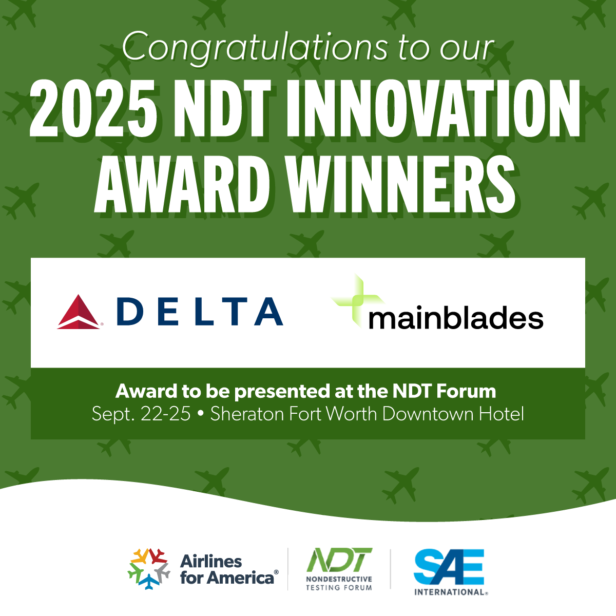 AirlinesDotOrg's tweet photo. Congratulations to the team from @Delta &amp; @Mainblades for receiving this year’s @AirlinesDotOrg and @SAEIntl NDT Innovation Award for creating the first FAA-accepted drone-assisted aircraft inspection program. Learn more: https://t.co/yPrdNXnRWx https://t.co/8YBzMrcJ8z