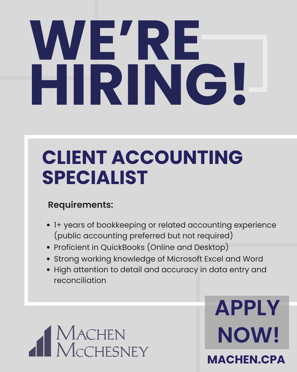We’re hiring a Client Accounting Specialist to join the Machen McChesney team full-time in Auburn! Apply today at 👉 hubs.la/Q03JRsk10