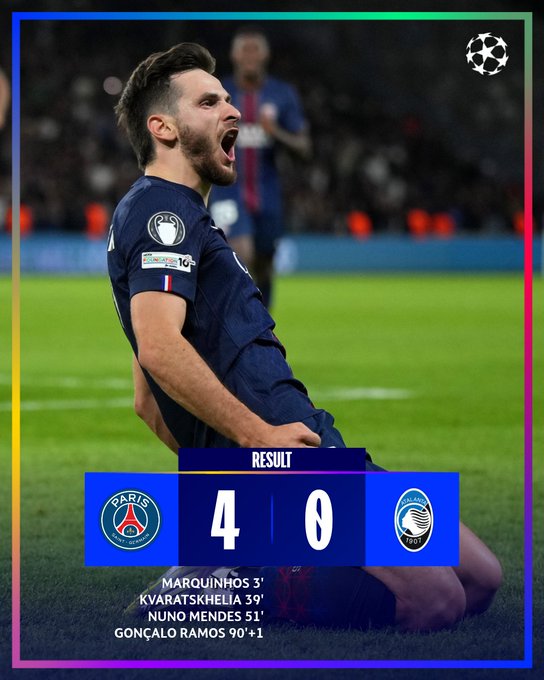 A soccer player in a dark blue Paris Saint-Germain jersey kneels on a grassy field, celebrating with arms raised and mouth open. The background shows other players in similar uniforms and a stadium setting. Text overlays display the score "Paris 4 - 0 Napoli," with goal scorers Marquinhos, Kylian Mbappé, Khvicha Kvaratskhelia, and Gonçalo Ramos listed, along with their respective minutes.