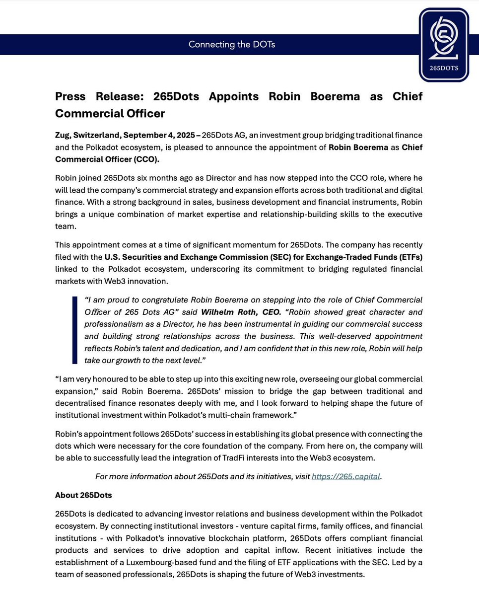 265 Dots AG is pleased to announce our new Chief Commercial Officer @RobinBoerema.

Robin started in the firm as a director and will be a great added addition to our executive team, overseeing global expansion on all commercial activities.