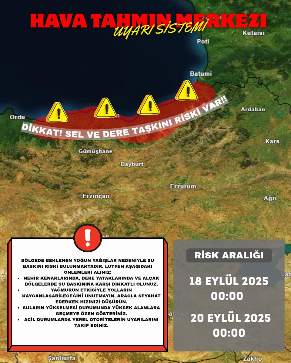 UYARI!!
SEL VE DERE TAŞKINI RİSKİNE DİKKAT!
#Rize #Artvin #Trabzon #Giresun 

#Storm #Forecast #Turkey