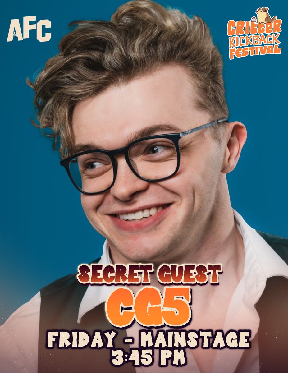 Did you guess the secret singer for the Critter Kickback Festival? 👀

The singer is... <a href="/cg5beats/">CG5</a>! 🎤✨

Catch them Friday at 3:45 PM on the Mainstage!
We warned you—don’t miss it!

#CG5 #AFC2025