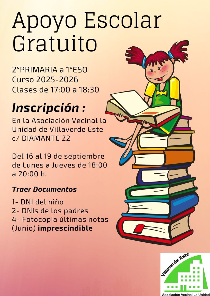 Retomamos actividades gratuitas para el curso 2025-2026

🧑‍🏫 Apoyo escolar desde 2° primaria a 1° ESO
✍️ Se buscan profesores/as

🗓️ Horarios clases: de lunes a jueves de 17h a 18:30h

👇👇