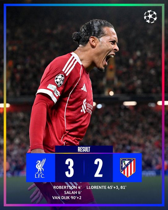Virgil van Dijk in a red Liverpool FC jersey, celebrating with arms raised and mouth open on a soccer field. The background shows a stadium with spectators. Text overlay includes "RESULT" with Liverpool FC 3, Atlético Madrid 2, and goal scorers Roberto Firmino, Mohamed Salah, and Virgil van Dijk with timestamps.