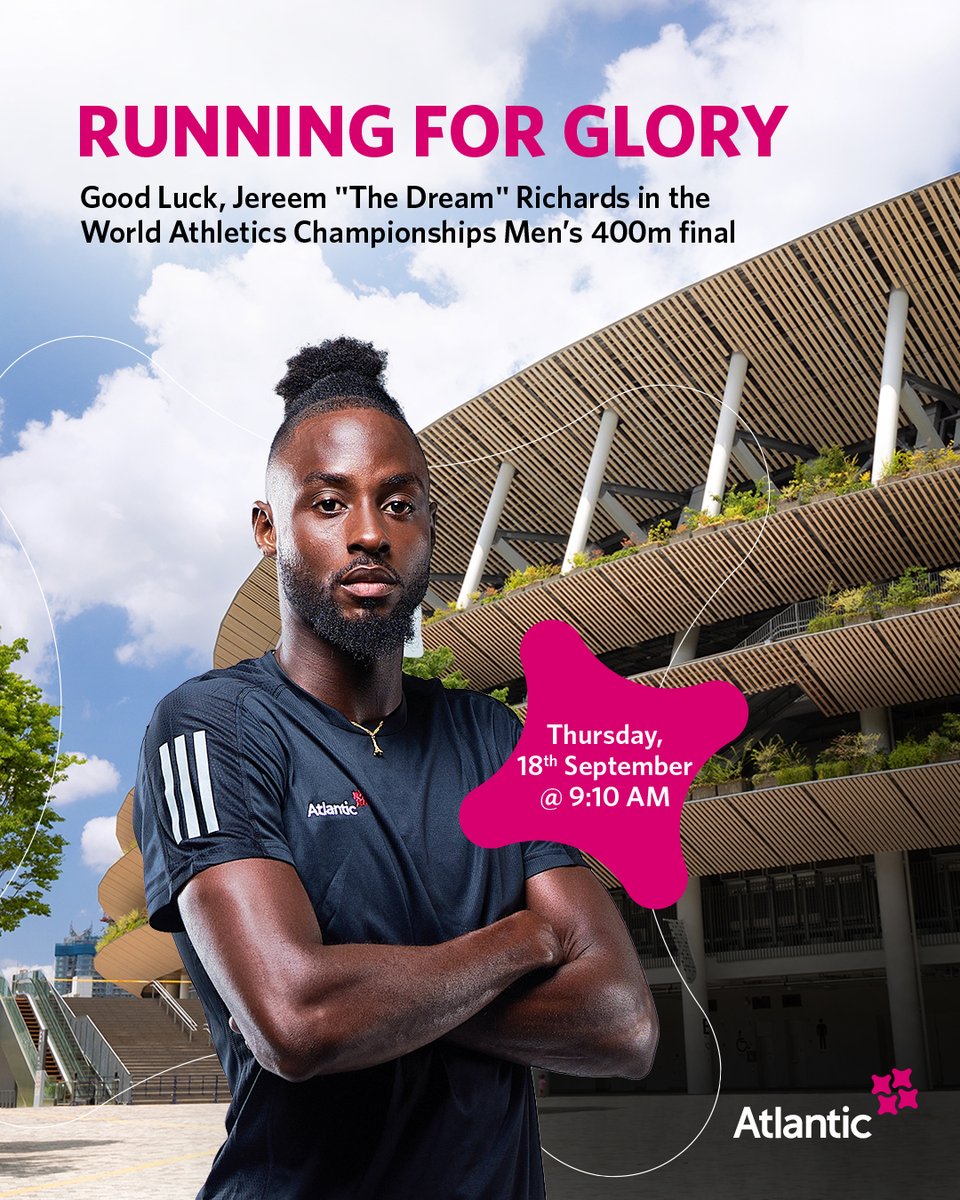 All eyes on Tokyo! 🇹🇹 Our Sports Ambassador <a href="/Reemy_rich19/">Jereem “The Dream” Richards👑</a> is in the Men’s 400m final at the World Athletics Championships. 🏃🏽‍♂️✨ 

Tune in Thursday, 18th Sept at 9:10 AM (TT time) as he runs for glory! 

#MovingAGenerationAhead