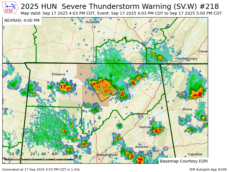 HUN issues Severe Thunderstorm Warning [wind: 60 MPH (RADAR INDICATED), hail: 1.00 IN (RADAR INDICATED)] for Limestone, Madison, Morgan [AL] till 5:00 PM CDT mesonet.agron.iastate.edu/vtec/f/2025-O-…
