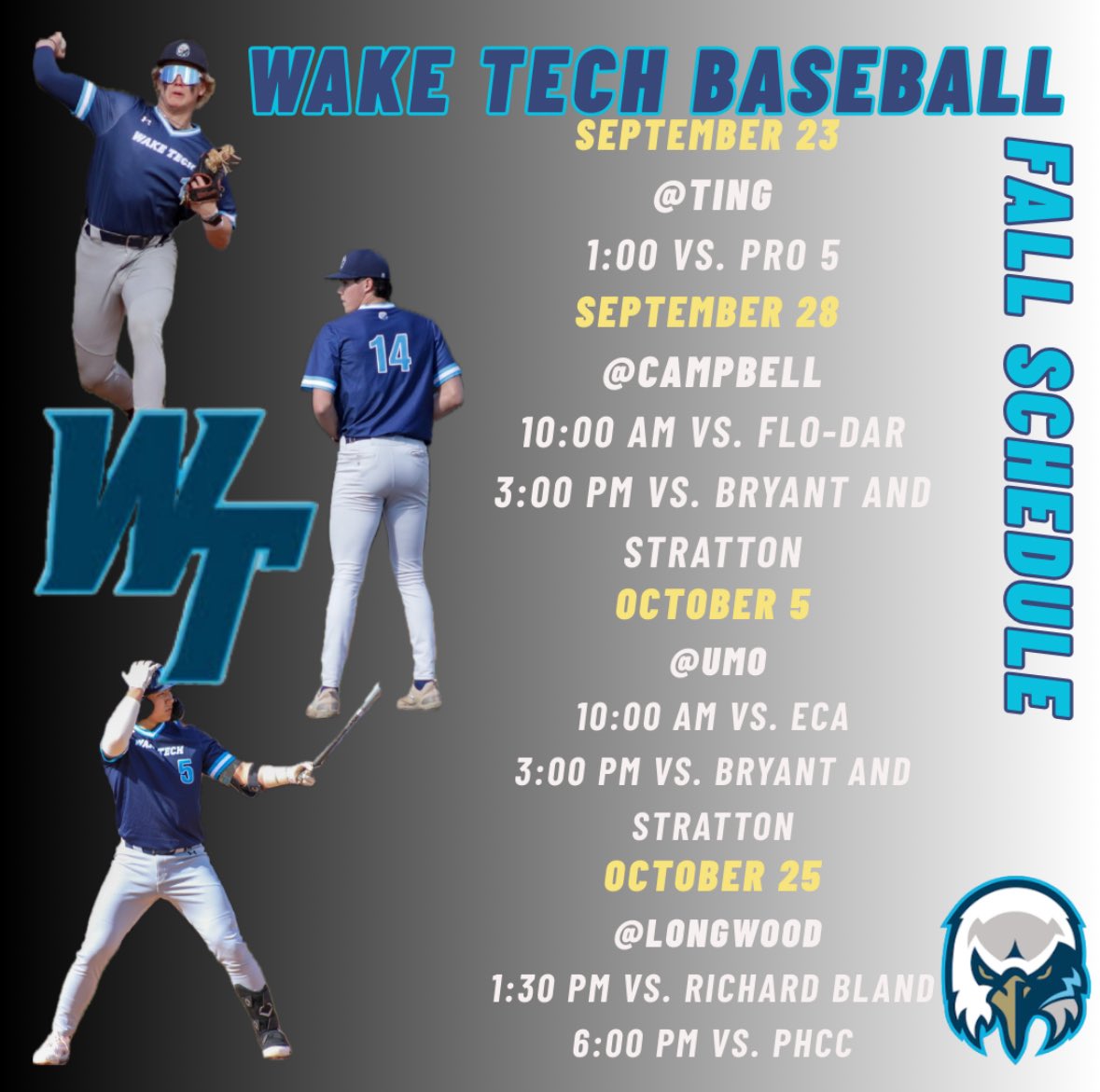Here is our fall schedule. We have a large sophomore class(29) that will be looking for 4 year homes. Feel free to reach out and get information on their fall and any video/stats you may need