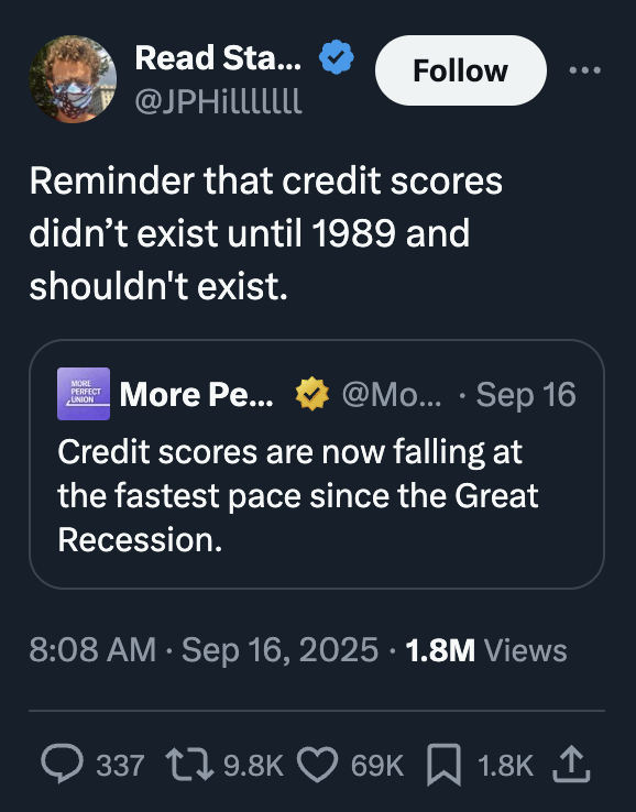 AlecStapp's tweet image. Come to think of it, writing an essay on &quot;why credit scores exist and what would happen if we got rid of them&quot; would be a good requirement for graduating high school.