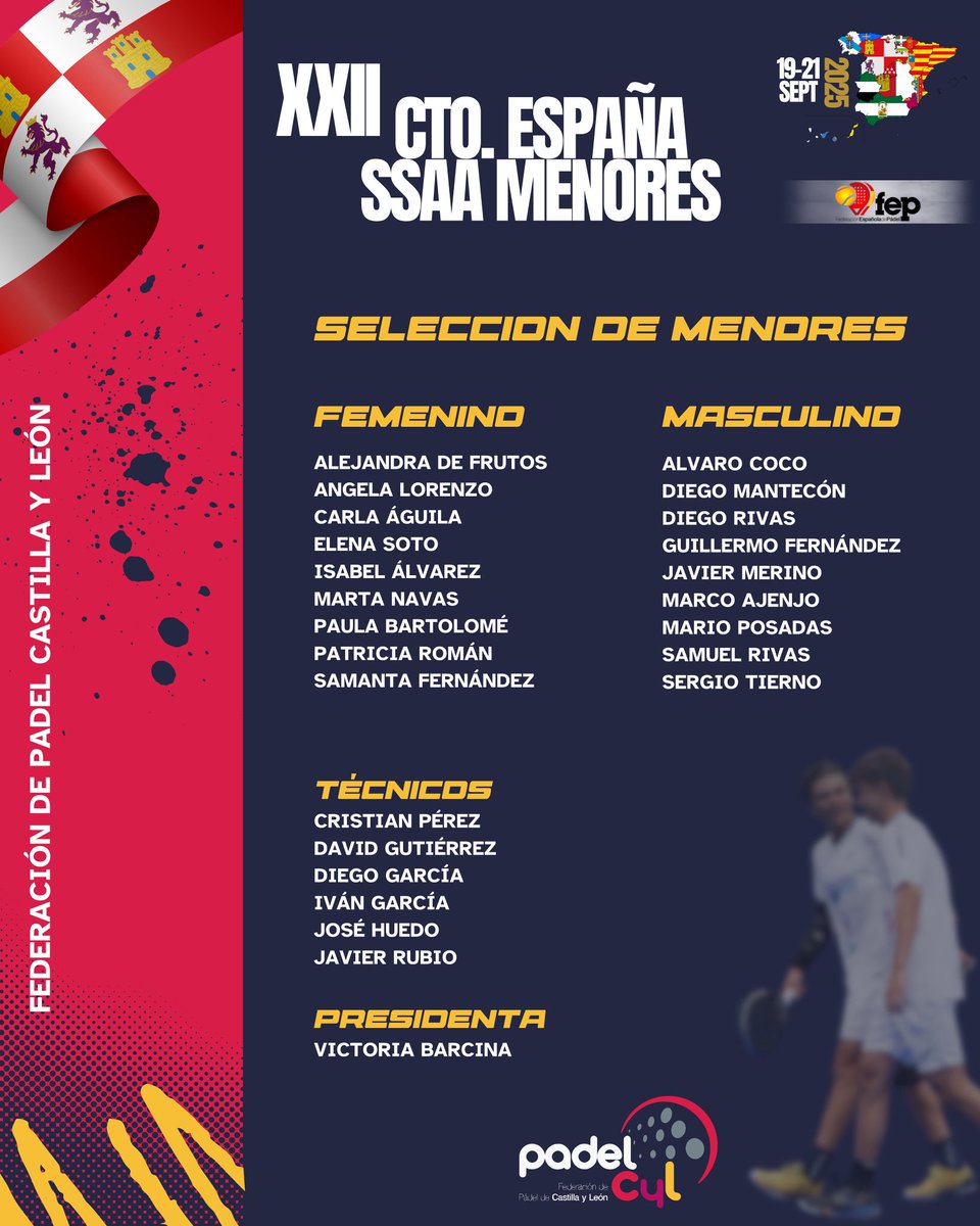 📣 Convocatoria oficial | Selección de Menores de Castilla y León ⚪️🔴

Nuestro equipo ya está listo para disputar el XXII Campeonato de España de Selecciones Autonómicas de Menores

💪 Mucha suerte a todos los jugadores y jugadoras

¡Vamos, equipo! 

#padelcyl #padelcylplayer