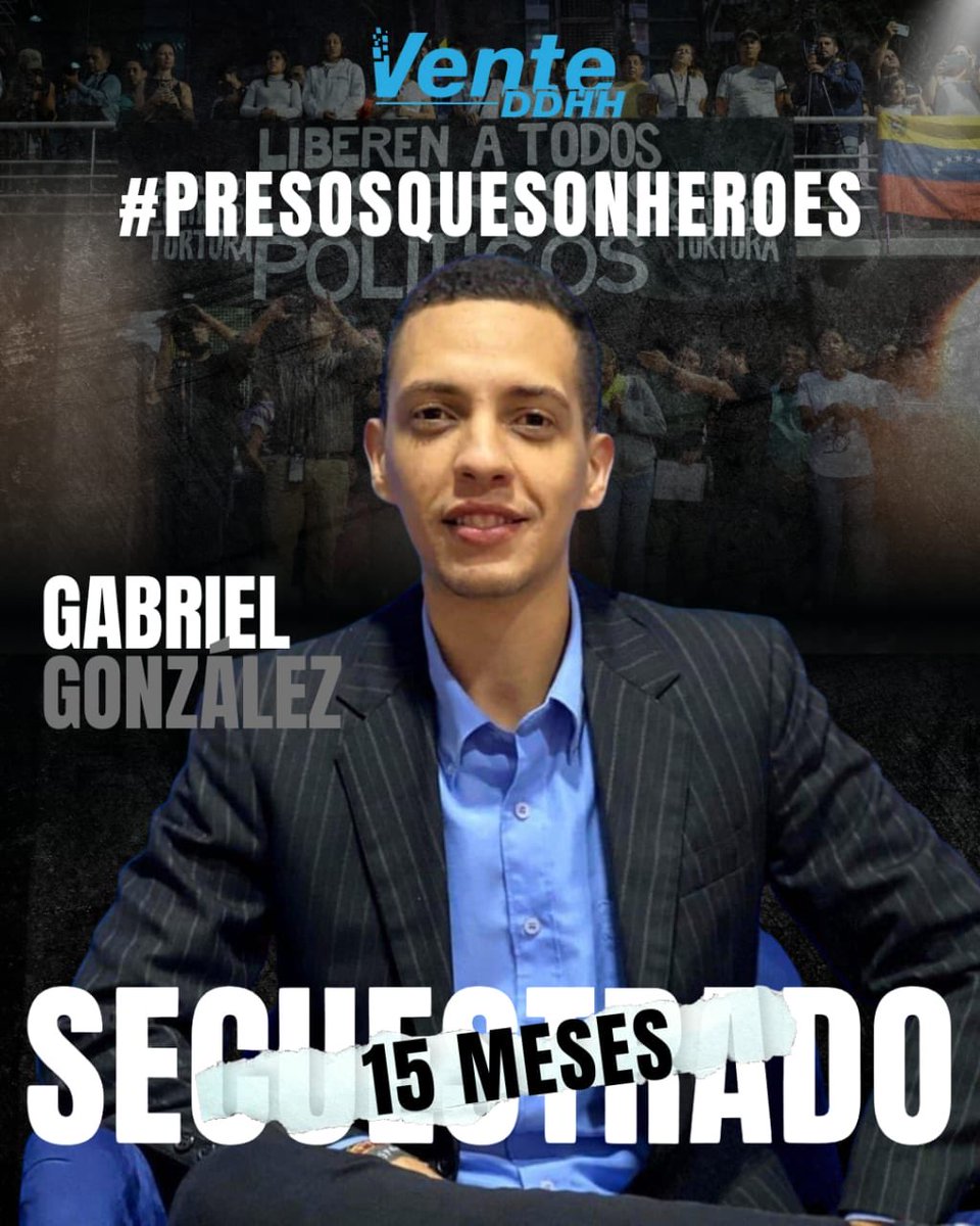 Vente Venezuela (@ventevenezuela) on Twitter photo ¡#LiberenAGabito! ❤️🩹
Hoy se cumplen 15 meses del secuestro de Gabriel "Gabito" González, periodista venezolano, miembro del <a href="/ConVzlaComando/">Comando ConVzla</a>.
El régimen lo criminaliza por alzar su voz, cumplir con su deber de informar y por su lucha incansable por un país libre.
Hoy más que ¡#LiberenAGabito! ❤️🩹
Hoy se cumplen 15 meses del secuestro de Gabriel "Gabito" González, periodista venezolano, miembro del <a href="/ConVzlaComando/">Comando ConVzla</a>.
El régimen lo criminaliza por alzar su voz, cumplir con su deber de informar y por su lucha incansable por un país libre.
Hoy más que