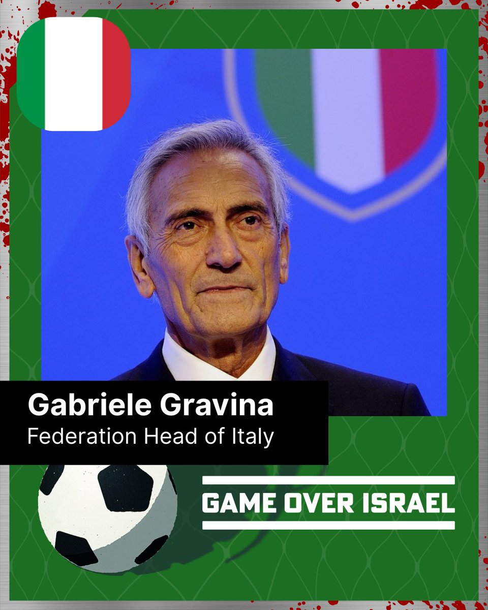 gameover_israel's tweet image. #GabrieleGravina: Italian fans and workers already said no. Now the federation must act. Boycott Israel. Link in bio. #GameOverIsrael #GenocideFreePitch #NotInMyGame #BoycottIsrael #BDS #FreePalestine #FootballForJustice #NoGamesWithGenocide #StopArmingIsrael #FansForPalestine
