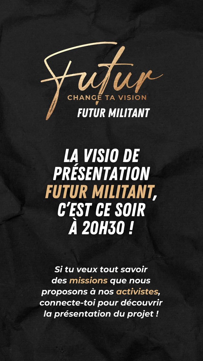 Suivez-nous désormais sur <a href="/futur_asso/">FUTUR</a> !
Rejoignez-nous ce soir à 20h30 pour découvrir le projet FUTUR Militant ! 😊 Si vous voulez agir concrètement pour les animaux dans un cadre concret, ce projet est fait pour vous.
Lien de la visio : meet.google.com/hkn-gakw-kdw