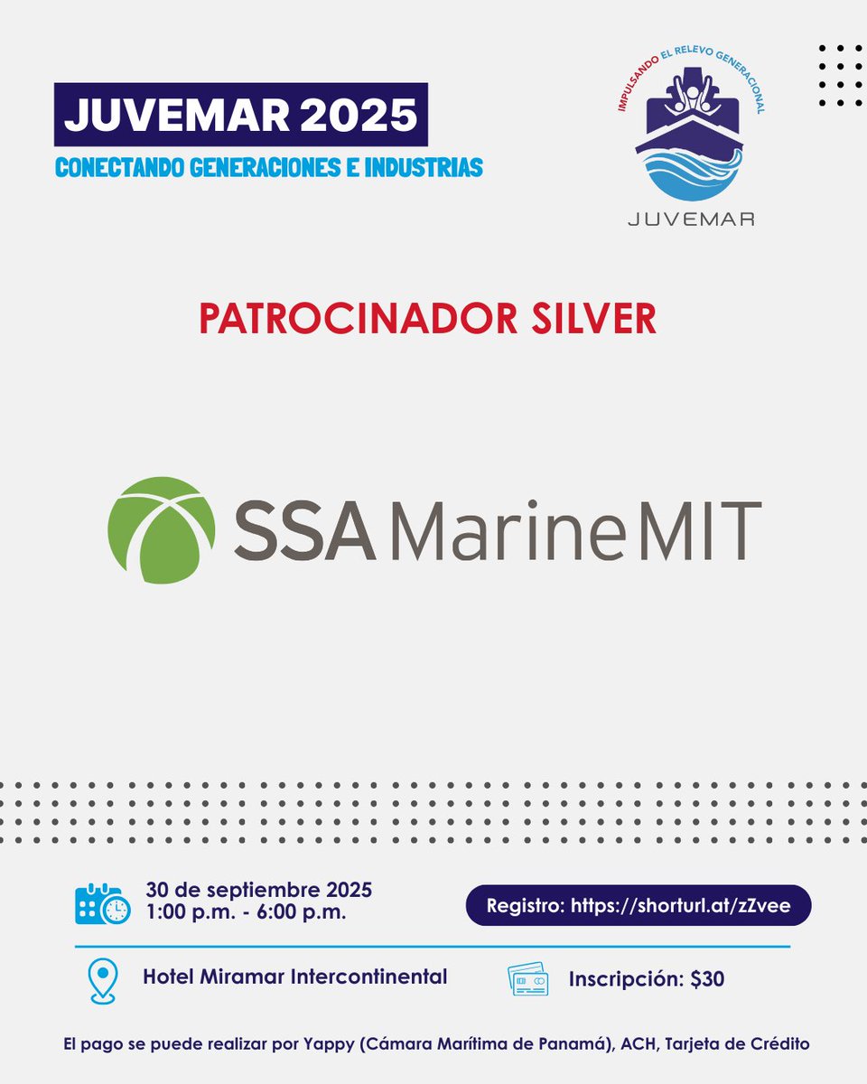 camaramaritima's tweet photo. Agradecemos a @SSAMarineMIT por su apoyo en JUVEMAR 2025, un evento que impulsa el relevo generacional y fortalece la conexión entre el talento joven y las industrias marítima, logística y portuaria de Panamá.
🔗 Registro: https://t.co/E4n4WTP9s5
#JUVEMAR2025 #SectorMaritimo https://t.co/U2sQOW0ipm