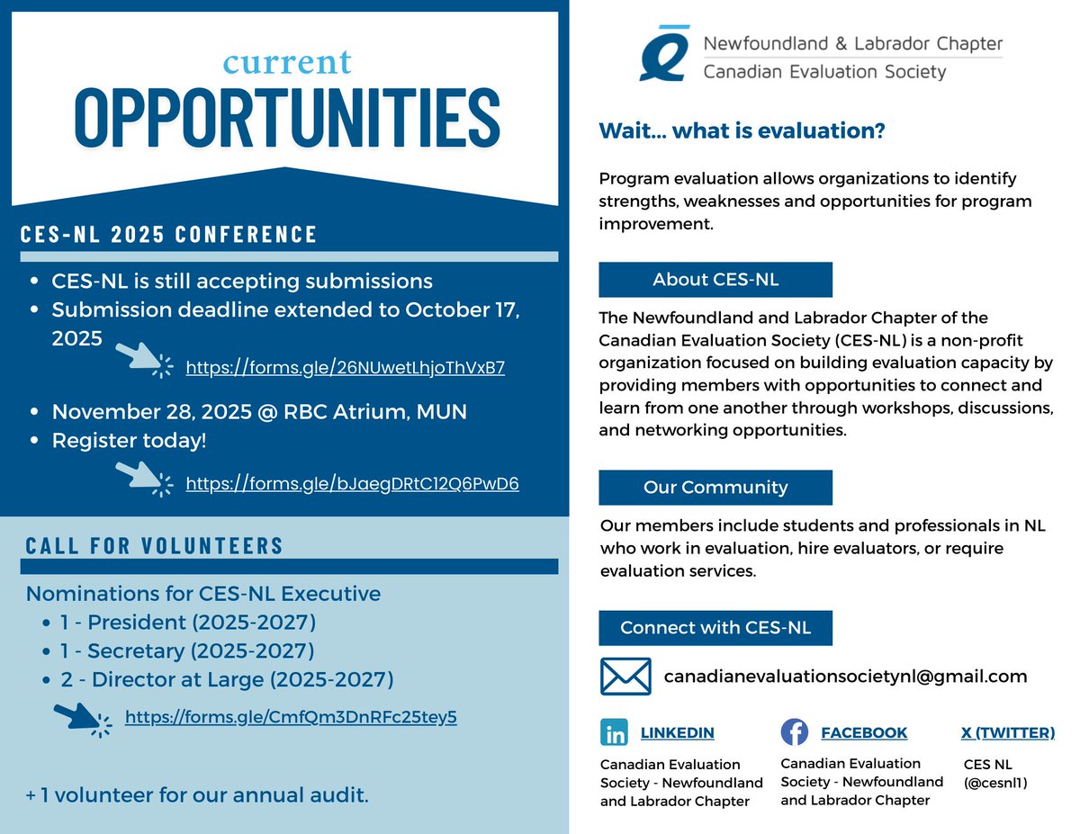 We are excited to announce our annual conference has been rescheduled to Nov 28, 2025! 

Have you been thinking about submitting a proposal? Now is the time! 

Other current CES-NL opportunities include: open positions on the executive or volunteer for our annual audit.