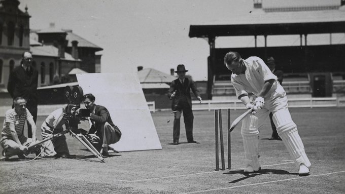PictureSporting's tweet photo. Don Bradman filming his brief appearance in the 1936 film Flying Doctors on January 22nd 1936. Bradman was  in Sydney after playing in the NSW v South Australia Sheffield Shield match
