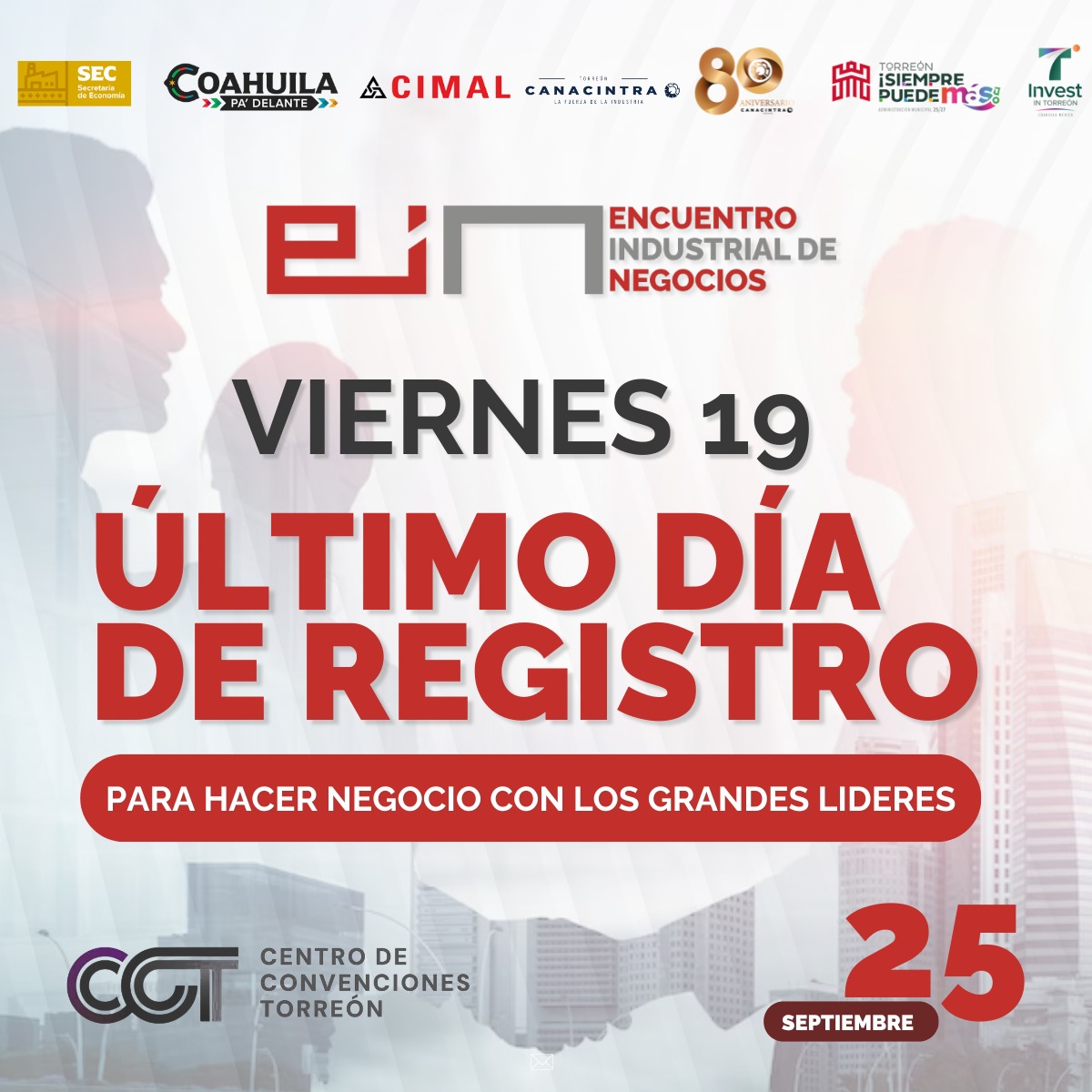 🚨 ¡Atención!
Este viernes 19 es el ÚLTIMO DÍA para inscribirte en el 🏭 Encuentro Industrial de Negocios 🧑‍💼🤝

No pierdas la oportunidad de conectar con empresas, generar alianzas y hacer crecer tu red. 🌐📈

✅ ¡Aún estás a tiempo!

live.eventtia.com/es/encuentroin…