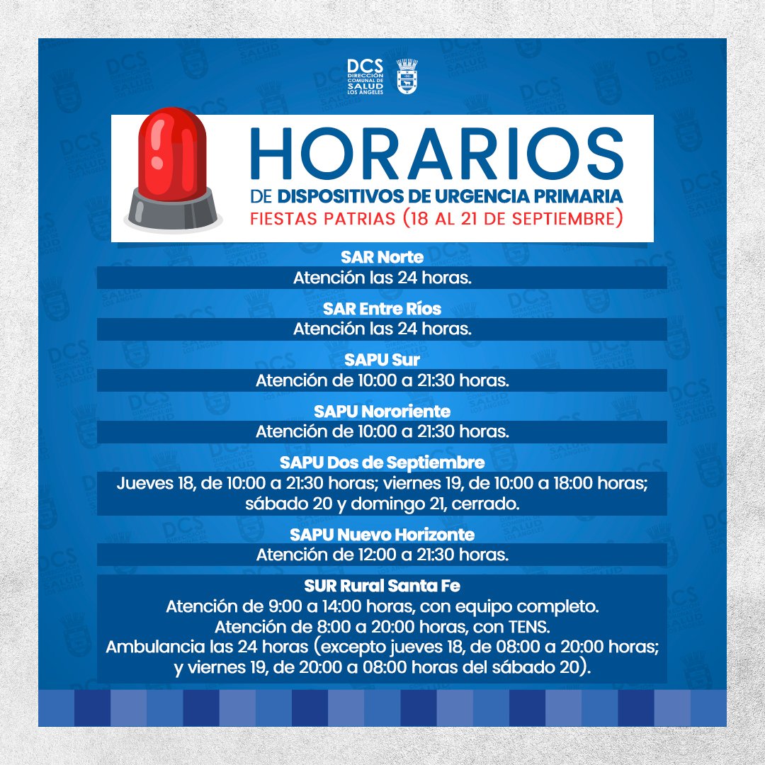 dcslosangeles's tweet photo. Compartimos los horarios de nuestros dispositivos de urgencia primaria para estas Fiestas Patrias. #Horarios, #DispositivosUrgenciaPrimaria, #FiestasPatrias, #APSLosÁngeles, #LosÁngelesCL https://t.co/EKGek7j4cA