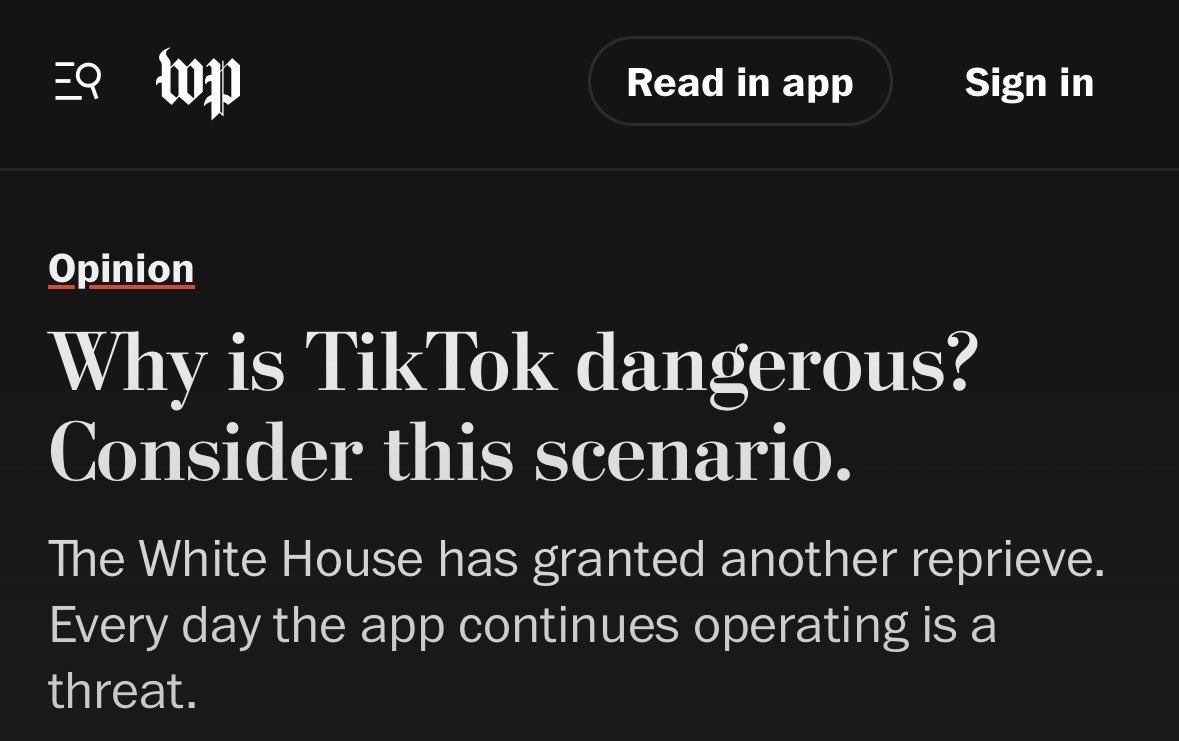 Every day TikTok stays live is another day Beijing can target 170M Americans with propaganda.

Congress passed the law. The Supreme Court upheld it 9–0. Delaying again is the wrong move. It’s time to show resolve: sell it or ban it — now.

washingtonpost.com/opinions/2025/…
