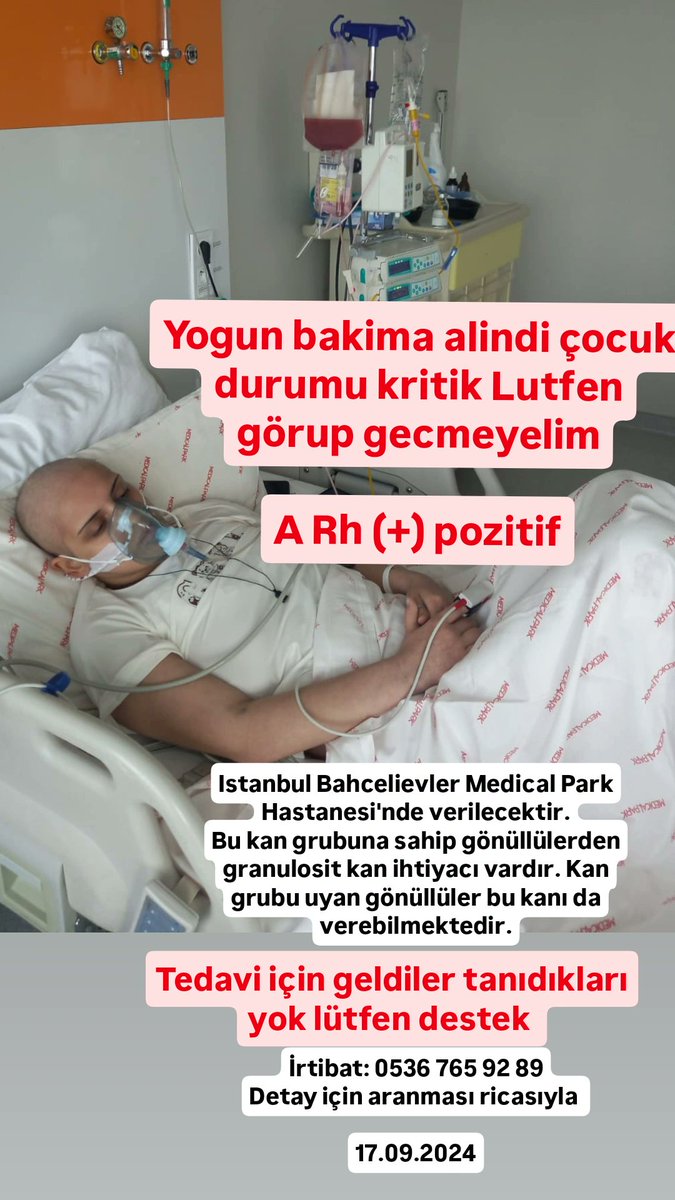 Yogun bakima alindi çocuk durumu kritik Lutfen görup gecmeyelim

A Rh (+) pozitif

Istanbul Bahcelievler Medical Park Hastanesi
Bu kan grubuna sahip gönüllülerden granulosit kan ihtiyacı vardır.

Tedavi için geldiler tanıdıkları yok 

0536 765 92 89

<a href="/BayPozitif06/">İcardi</a>
#FenerinMaçıVar