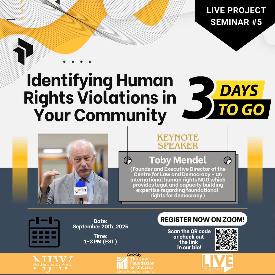 Don’t miss out on LIVE Project’s FREE Seminar #5: “Identifying Human Rights Violations in Your Community!”

🗓️ Saturday, September 20th, 2025
⏰ 1–3 PM (EST)
📍 Online via Zoom

Don’t miss this opportunity to learn more! Register now through the QR code or through this link: