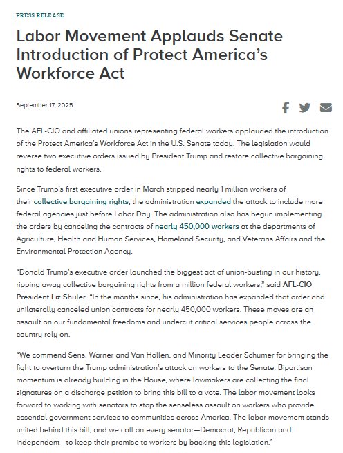 AFL-CIO ✊ (@aflcio) on Twitter photo We applaud the Senate introduction of the Protect America’s Workforce Act.
Thank you <a href="/MarkWarner/">Mark Warner</a>, <a href="/ChrisVanHollen/">Senator Chris Van Hollen</a> and <a href="/SenSchumer/">Chuck Schumer</a> for standing with federal workers and their collective bargaining rights. All senators should support this bipartisan bill. aflcio.org/press/releases… We applaud the Senate introduction of the Protect America’s Workforce Act.
Thank you <a href="/MarkWarner/">Mark Warner</a>, <a href="/ChrisVanHollen/">Senator Chris Van Hollen</a> and <a href="/SenSchumer/">Chuck Schumer</a> for standing with federal workers and their collective bargaining rights. All senators should support this bipartisan bill. aflcio.org/press/releases…