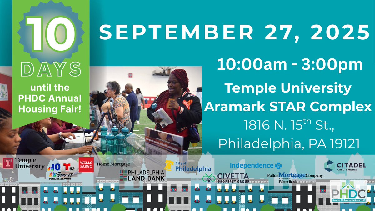 Haven't registered for #PhilaPHDC's Annual Housing Fair yet? Do it now! There are only 1️⃣0️⃣ days left!

Join us at this family friendly event on  Saturday, September 27 from 10am to 3pm. Meet with housing pros, City agencies, and enter to win giveaways!

bit.ly/3SUehPK