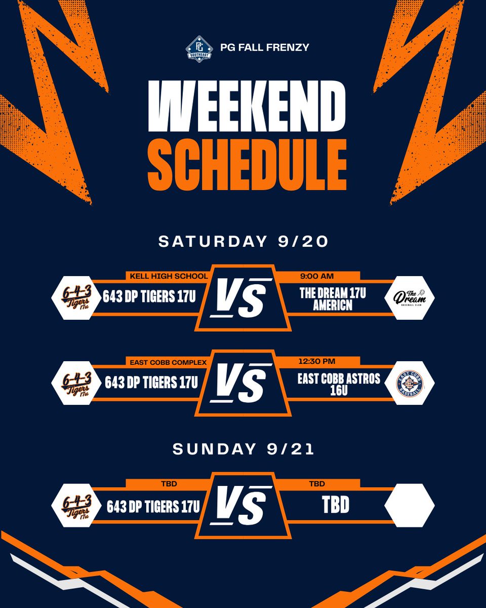 📍 17U Tigers — Weekend Schedule

The Tigers are back in action this weekend, looking to build off the momentum from a strong opening showing.