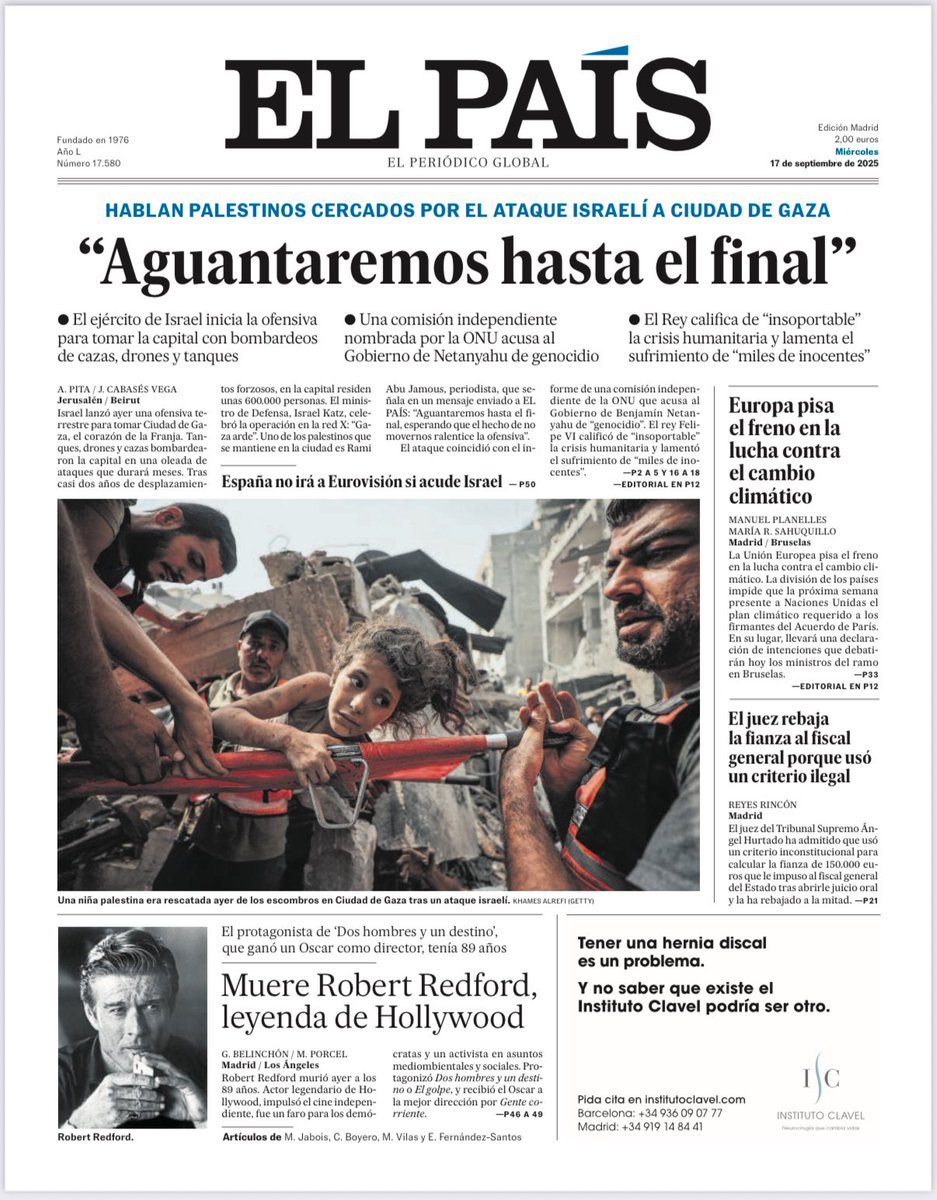 segme99's tweet photo. #PrimerasPlanas destacan dos hechos centrale

La ofensiva terrestre de Israel en Gaza ocupa los titulares con imágenes de desplazamiento masivo, bombardeos y acusaciones de genocidio. El asedio a la ciudad se perfila como una de las mayores crisis humanitarias de nuestro tiempo.

Al mismo tiempo, se despide a Robert Redford (1936–2025), actor, director y activista que marcó la historia del cine con clásicos como Butch Cassidy and the Sundance Kid y Todos los hombres del presidente. Su legado trasciende la pantalla: fue también un referente del ambientalismo y del cine independiente.

Dos noticias que condensan la tensión de nuestra época: la guerra y el arte, la destrucción y la memoria.
