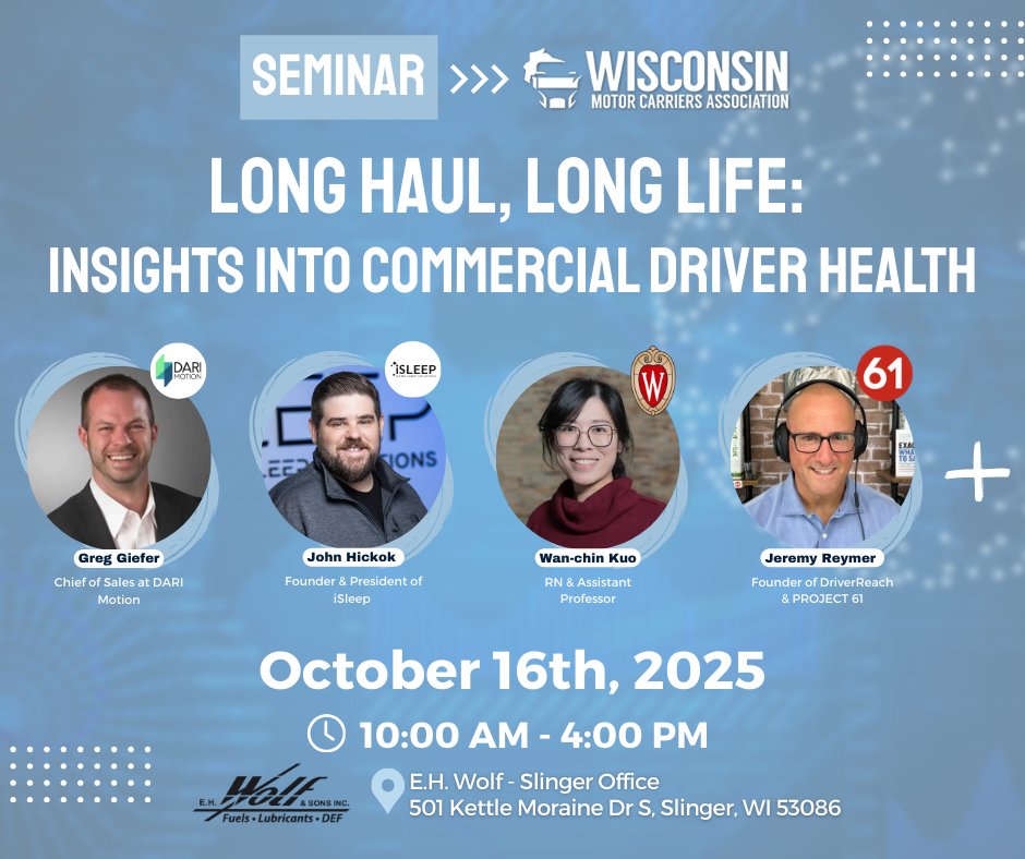 wistrux's tweet photo. 📢 Registration is open!

Join us for Long Haul, Long Life — a seminar focused on driver well-being and longevity.

👉 Sign up now: https://t.co/6yUrufLWr0

#WITrucking #TruckDriverHealth https://t.co/pJQZtFwoK9