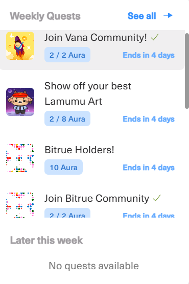 🚨 4 new <a href="/commondotxyz/">Common</a> quests are live 🚨
Don’t miss your chance to earn Aura 👇

1️⃣ Join Vana Community (2 Aura)
– Join the Vana community
– Complete with one click ✅

2️⃣ Show off your best Lamumu Art (up to 8 Aura)
– Share your Lamumu art
– Earn Aura for each piece 🎨

3️⃣